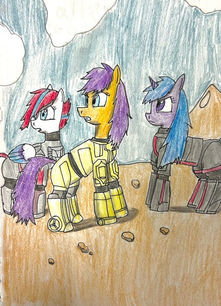 Size: 2728x3770 | Tagged: safe, derpibooru import, izzy moonbow, sunny starscout, zipp storm, earth pony, pegasus, unicorn, g5, alternate universe, armor, armored pony, captain power and the soldiers of the future, cloud, hair over one eye, horn, image, jpeg, mountain, post apocalypse, power suits, powersuit, sky, traditional art