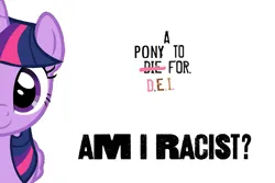 Size: 1500x1000 | Tagged: artist needed, source needed, safe, derpibooru import, twilight sparkle, alicorn, pony, g4, 2024, am i racist?, image, mouthpiece, movie poster, op is a duck, parody, png, politics, simple background, white background