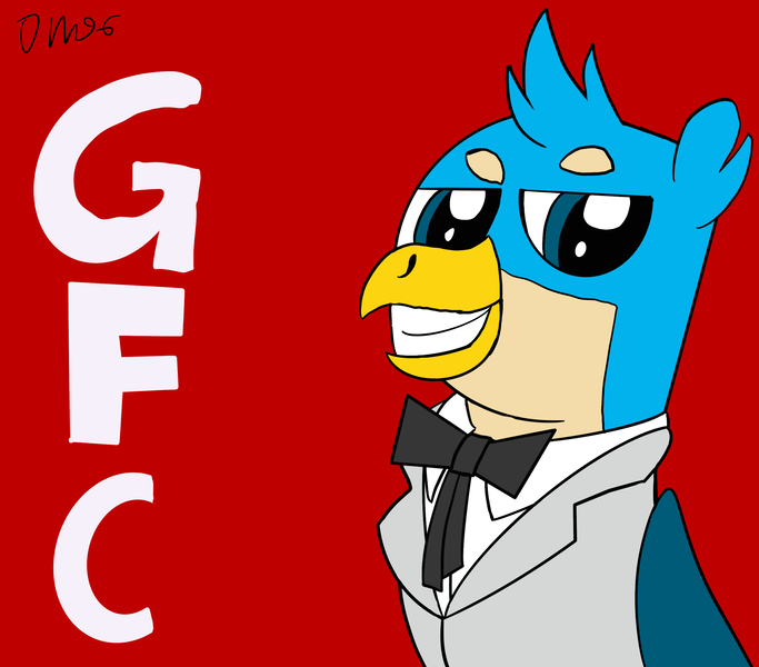 Size: 2688x2360 | Tagged: artist needed, source needed, safe, derpibooru import, gallus, gryphon, bowtie, clothes, image, kentucky fried gallus, kfc, logo, logo parody, male, necktie, parody, png, ribbon bow tie, smiling, solo, suit, that griffon sure does love kfc, uniform ribbon