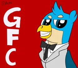 Size: 2688x2360 | Tagged: artist needed, source needed, safe, derpibooru import, gallus, gryphon, bowtie, clothes, image, kentucky fried gallus, kfc, logo, logo parody, male, necktie, parody, png, ribbon bow tie, smiling, solo, suit, that griffon sure does love kfc, uniform ribbon