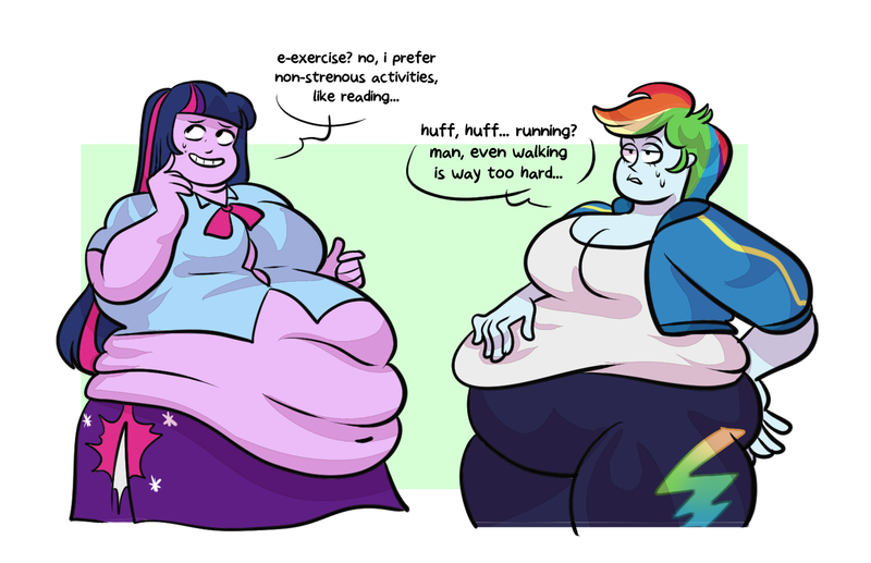 Size: 1486x961 | Tagged: suggestive, artist:deevilche, derpibooru import, rainbow dash, twilight sparkle, human, equestria girls, g4, bbw, belly, big belly, duo, duo female, fat, female, image, obese, png, rainblob dash, twilard sparkle