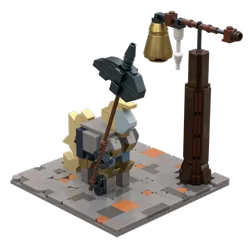 Size: 1200x1200 | Tagged: safe, artist:otl crafts, derpibooru import, oc, oc:firm stance, unofficial characters only, earth pony, original species, pony, unicorn, 3d, armor, armored pony, armored skirt, bell, halberd, horn, image, lego, png, render, simple background, solo, transparent background, unicorn oc, weapon