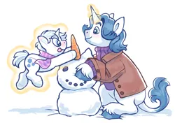 Size: 2626x1846 | Tagged: safe, artist:stimpower, derpibooru import, double diamond, fancypants, earth pony, pony, unicorn, horn, image, png, snow, snowman