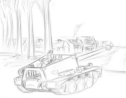 Size: 1742x1356 | Tagged: safe, artist:pinky_bestia, derpibooru import, pony, equestria at war mod, image, military, monochrome, png, sketch, tank (vehicle), war, weapon