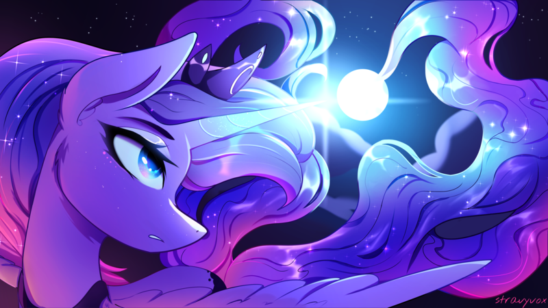 Size: 4096x2304 | Tagged: safe, artist:stravy_vox, derpibooru import, princess luna, alicorn, pony, g4, blue eyes, blue mane, blue tail, crown, ethereal mane, ethereal tail, eyelashes, feather, female, flowing mane, flowing tail, glow, glowing horn, horn, image, jewelry, lidded eyes, magic, mare, moon, peytral, png, regalia, solo, spread wings, starry mane, starry tail, tail, wings