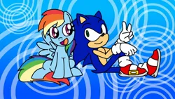 Size: 1920x1080 | Tagged: safe, artist:doctorsonic1991, derpibooru import, rainbow dash, hedgehog, pegasus, pony, blue background, crossover, duo, gesture, image, jpeg, mobian, open mouth, open smile, patterned background, simple background, sitting, smiling, sonic the hedgehog, sonic the hedgehog (series)