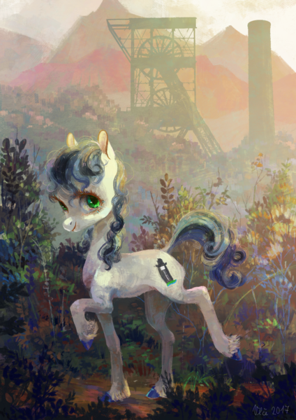 Size: 2059x2912 | Tagged: safe, artist:wolfiedrawie, derpibooru import, oc, oc:chica, unofficial characters only, earth pony, pony, commission, factory, female, grass, hug, image, industrial, looking at you, mare, mine, mountain, png, raised hoof, raised leg, scenery, smiling, solo, unshorn fetlocks