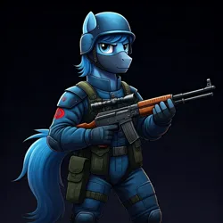 Size: 1024x1024 | Tagged: safe, ai content, derpibooru import, generator:google imagen 3.0, machine learning generated, prompter:zerowinger, anthro, earth pony, clothes, cobra the enemy, cobra trooper, cosplay, costume, g.i. joe, gradient background, gun, helmet, image, jpeg, male, mask, military uniform, rifle, sniper rifle, solo, uniform, weapon