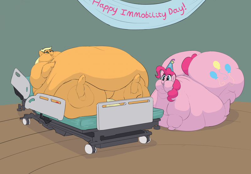 Size: 2304x1599 | Tagged: questionable, artist:lupin quill, derpibooru import, applejack, pinkie pie, earth pony, pony, g4, amplejack, applefat, balloonbutt, banner, bed, bedbound, belly, belly bed, big belly, bingo wings, blob, blush lines, blushing, butt, chubby cheeks, commission, double chin, duo, duo female, fat, fat fetish, female, fetish, flabby chest, grin, hat, hospital bed, huge belly, huge butt, image, immobile, impossibly large belly, impossibly large butt, impossibly large thighs, large butt, lying down, mare, morbidly obese, multichin, obese, on back, party hat, png, pudgy pie, rolls of fat, smiling, thighs, thunder thighs, triple chin, underhoof