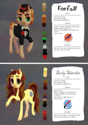 Size: 3508x4941 | Tagged: safe, artist:wolfiedrawie, derpibooru import, oc, oc:farfall, oc:painty watercolor, unofficial characters only, earth pony, pony, bowtie, clothes, color palette, cutie mark, female, flower, flower in hair, hat, image, looking at you, male, mare, necktie, png, raised hoof, reference sheet, rose, stallion, suit, translation request