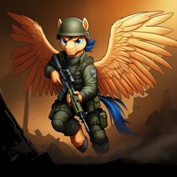 Size: 1024x1024 | Tagged: safe, ai content, derpibooru import, generator:google imagen 3.0, machine learning generated, prompter:zerowinger, flash sentry, anthro, pegasus, unguligrade anthro, assault rifle, battlefield, clothes, cosplay, costume, g.i. joe, grunt (gi joe), gun, helmet, image, jpeg, male, military uniform, outdoors, rifle, running, solo, spread wings, uniform, weapon, wings