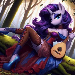 Size: 1024x1024 | Tagged: suggestive, ai content, derpibooru import, machine learning generated, prompter:glimmy-glam, rarity, anthro, bard, choker, clothes, corset, dress, fantasy class, forest, generator:bing image creator, generator:dall-e 3, high heels, image, jpeg, lidded eyes, log, looking at you, lute, moss, musical instrument, nature, off shoulder, outdoors, platform heels, shoes, socks, solo, stockings, thigh highs, tree