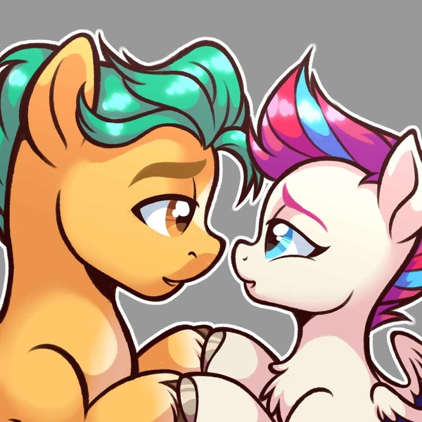 Size: 1337x1336 | Tagged: safe, artist:uruz052, derpibooru import, hitch trailblazer, zipp storm, earth pony, pegasus, pony, g5, duo, duo male and female, female, gray background, holding hooves, image, jpeg, looking at each other, looking at someone, male, mare, ship:stormblazer, shipping, simple background, stallion, straight