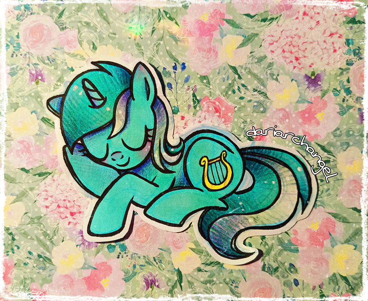 Size: 2768x2262 | Tagged: safe, artist:dariarchangel, derpibooru import, lyra heartstrings, pony, unicorn, g4, adorable face, blushing, comfy, cute, cute smile, daaaaaaaaaaaw, eyes closed, female, flower, head on hoof, horn, image, long tail, lying down, lyrabetes, mare, onomatopoeia, photo, png, pretty, sleeping, smiling, solo, sound effects, tail, too cute, traditional art, two toned hair, two toned mane, two toned tail, zzz