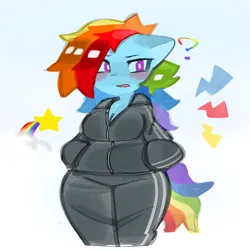 Size: 2080x2080 | Tagged: safe, artist:anoma1ka, derpibooru import, rainbow dash, pegasus, g4, breasts, cleavage, clothes, female, image, looking at you, open mouth, png, question mark, solo, tracksuit, wide hips