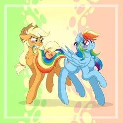 Size: 892x896 | Tagged: safe, artist:xxmikaraxx, derpibooru import, applejack, rainbow dash, earth pony, pegasus, pony, g4, abstract background, appledash, biting, blush lines, blushing, duo, duo female, female, image, jpeg, lesbian, mare, shipping, tail, tail bite