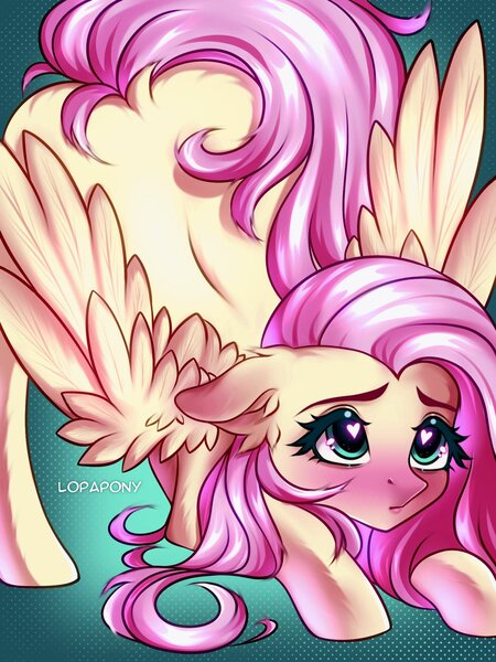 Size: 1536x2048 | Tagged: safe, artist:lopapony, ponerpics import, fluttershy, pony, bent over, blushing, cute, female, heart eyes, image, jpeg, mare, wingding eyes