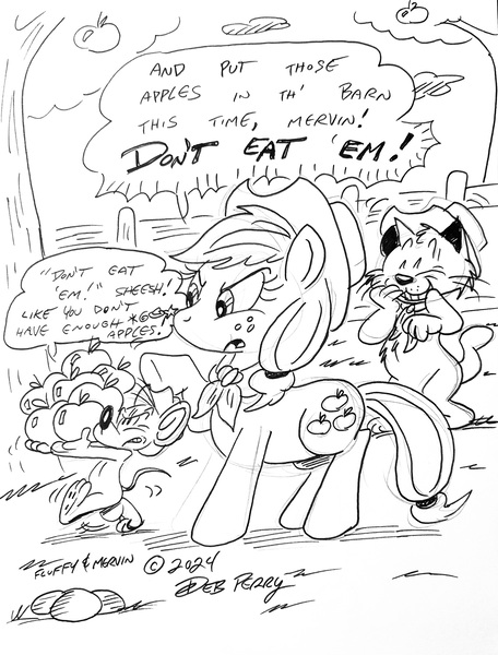 Size: 2539x3342 | Tagged: safe, artist:debmervin, derpibooru import, applejack, oc, oc:fluffy and mervin, oc:fluffy the cat, oc:mervin mouse, g4, apple, apple tree, black and white, food, grayscale, image, jpeg, monochrome, tree