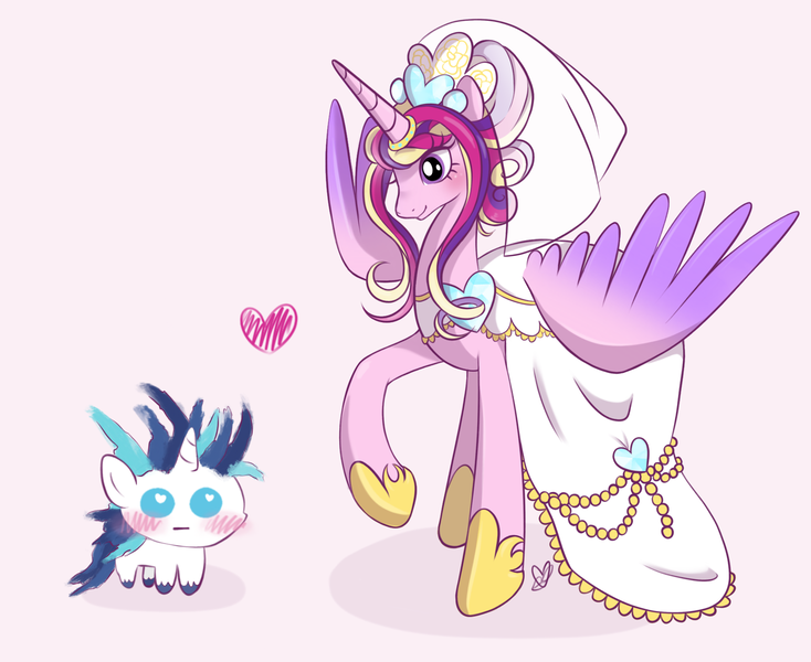 Size: 1780x1456 | Tagged: safe, artist:czscribbles, derpibooru import, princess cadance, shining armor, alicorn, pony, unicorn, g4, blush scribble, blushing, clothes, dress, duo, duo male and female, female, floating heart, heart, heart eyes, horn, image, male, meme, partially open wings, pink background, png, ship:shiningcadance, shipping, simple background, size difference, straight, the bride and the ugly ass groom, veil, wedding dress, wedding veil, wingding eyes, wings