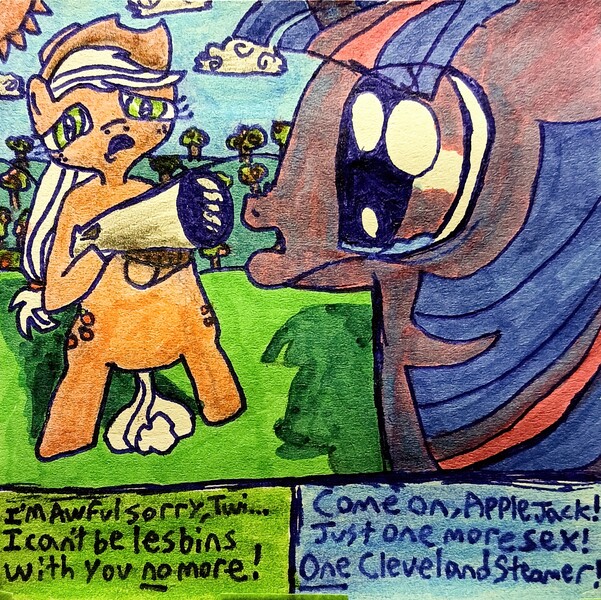 Size: 3060x3054 | Tagged: questionable, derpibooru import, applejack, twilight sparkle, earth pony, unicorn, colored, day, female, gun, horn, image, jpeg, lesbian, meme, ponyville, shotgun, text, traditional art, weapon