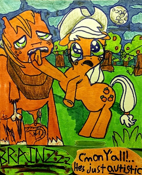 Size: 2945x3626 | Tagged: semi-grimdark, derpibooru import, applejack, big macintosh, earth pony, pony, undead, zombie, zombie pony, alternate universe, apple orchard, applejack's hat, blood, bone, colored, cowboy hat, crying, hat, image, jpeg, meme, night, orchard, traditional art