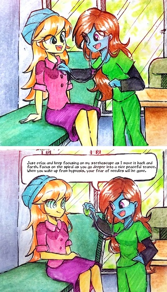 Size: 2333x4055 | Tagged: safe, artist:liaaqila, derpibooru import, orange sunrise, oc, oc:nurse hypno heart, equestria girls, g4, checkup, clothes, comic, commission, dialogue, hypnosis, hypnotherapy, hypnotized, image, jpeg, scrubs (gear), stethoscope