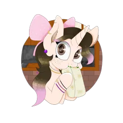 Size: 2000x2000 | Tagged: safe, artist:kathepart, derpibooru import, oc, oc:kinna-ca, unofficial characters only, unicorn, accessory, bracelet, collar, ear piercing, eating, hair bun, horn, image, jewelry, kitchen, looking at you, piercing, png, simple background, solo, surprised, transparent background