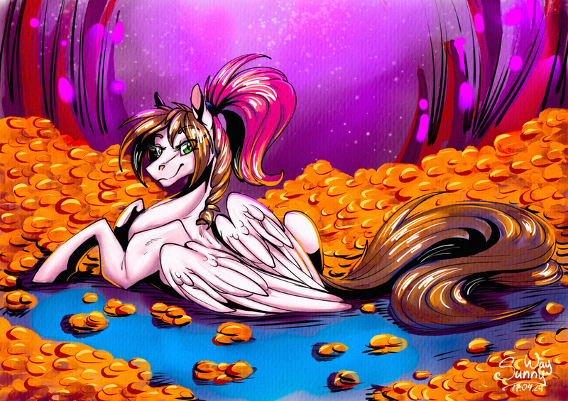 Size: 1600x1130 | Tagged: safe, artist:sunny way, derpibooru import, oc, oc:sunny way, horse, pegasus, pony, g4, art, artwork, cartoon, cute, digital art, feather, female, feral, gold, image, ipad, lying down, mare, money, my little pony, pile of gold, png, reaistic paint studio, smiling, solo, traditional art, watercolor painting, wings