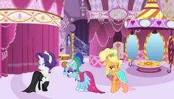 Size: 2039x1160 | Tagged: safe, artist:cheezedoodle96, artist:cloudy glow, derpibooru import, applejack, rainbow dash, rarity, g4, alternate hairstyle, applejewel, breakfast at tiffany's, carousel boutique, clothes, dress, holly golightly, image, jpeg, megaradash, rainbow dash always dresses in style, rainbow dash is not amused, tomboy taming, unamused