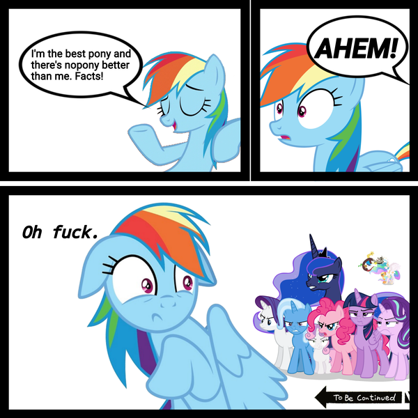 Size: 3072x3072 | Tagged: safe, artist:estories, artist:frownfactory, artist:soren-the-owl, artist:trrrebleee, artist:vector-brony, artist:wissle, derpibooru import, edit, vector edit, applejack, discord, pinkie pie, princess celestia, princess luna, rainbow dash, rarity, starlight glimmer, sweetie belle, trixie, twilight sparkle, twilight sparkle (alicorn), alicorn, draconequus, pegasus, pony, unicorn, absurd resolution, best pony, comic, horn, image, jojo's bizarre adventure, meme, png, simple background, speech bubble, text, this will not end well, to be continued, to be continued (meme), unamused, vector, vulgar, white background