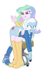 Size: 1900x2914 | Tagged: suggestive, artist:gmaplay, derpibooru import, princess celestia, trixie, human, equestria girls, g4, ass, bent over, boots, breasts, butt, celestia is not amused, clothes, discipline, duo, duo female, female, image, over the knee, png, principal celestia, punishment, reddened butt, shoes, simple background, spank mark, spanked, spanking, the great and powerful ass, thigh boots, transparent background, unamused