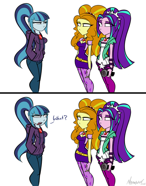 Size: 2912x3700 | Tagged: safe, artist:madragon, derpibooru import, adagio dazzle, aria blaze, sonata dusk, human, equestria girls, g4, clothes, comic, denim, derpibooru exclusive, eyeshadow, female, gem, hair ornament, hoodie, image, jacket, jeans, makeup, microphone, open mouth, pants, png, rainbow rocks 10th anniversary, scrunchie, simple background, spiked headband, spikes, standing, stars, text, the dazzlings, trio, trio female, white background