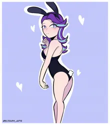 Size: 1799x2048 | Tagged: suggestive, artist:eltrash_art6, derpibooru import, starlight glimmer, human, equestria girls, g4, bunny ears, bunny suit, clothes, female, human coloration, image, jpeg, leotard, outline, playboy bunny, purple background, simple background, solo, solo female, white outline