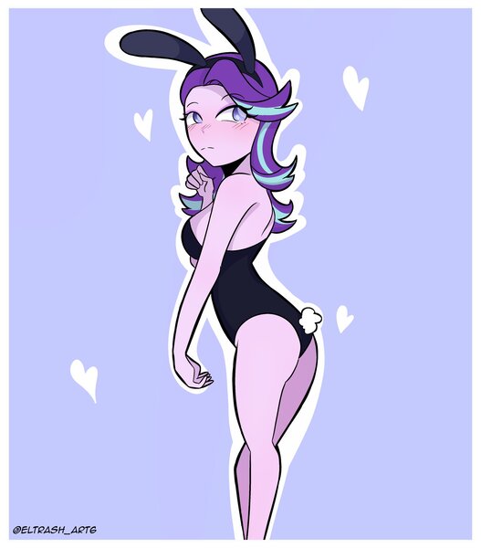 Size: 1799x2048 | Tagged: suggestive, alternate version, artist:eltrash_art6, derpibooru import, starlight glimmer, human, equestria girls, g4, bunny ears, bunny suit, clothes, female, image, jpeg, leotard, outline, playboy bunny, purple background, simple background, solo, solo female, white outline