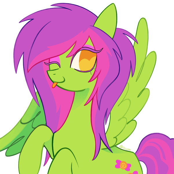 Size: 2048x2044 | Tagged: safe, artist:risswm, derpibooru import, oc, unofficial characters only, pegasus, pony, commission, female, image, looking at you, mare, no pupils, one eye closed, one wing out, png, simple background, smiling, smiling at you, solo, tongue out, white background, wings, wink, winking at you