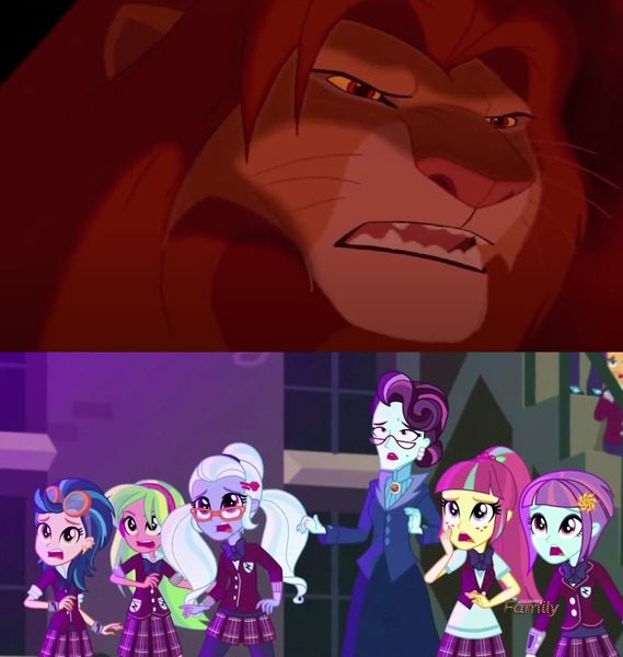 Size: 1280x1349 | Tagged: safe, derpibooru import, edit, edited screencap, screencap, indigo zap, lemon zest, principal abacus cinch, sour sweet, sugarcoat, sunny flare, big cat, lion, equestria girls, g4, angry, big kitty, furious, image, my little pony equestria girls: friendship games, nice kitty, oh crap, oh crap face, oh no, png, scared, shadow five, shadowbolts, shadowbolts uniform, simba, the lion king, uh oh