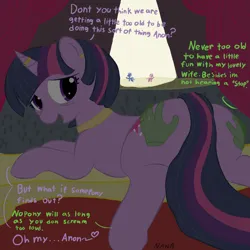 Size: 2000x2000 | Tagged: safe, artist:notawriteranon, ponerpics import, twilight sparkle, oc, oc:anon, unicorn, butt, butt touch, hand on butt, image, looking back, older, older twilight, png, ring on horn, unicorn twilight