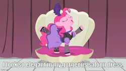 Size: 888x499 | Tagged: safe, derpibooru import, screencap, pinkie pie, g4, over a barrel, caption, clothes, dress, image, image macro, imgflip, jpeg, saloon dress, saloon pinkie, text