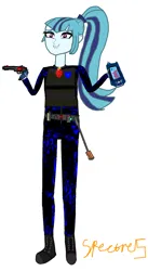 Size: 800x1460 | Tagged: safe, artist:the spectres, derpibooru import, sonata dusk, human, siren, equestria girls, g4, bodyguard, bulletproof vest, clothes, derpibooru exclusive, digital camouflage, energy weapon, equipment, female, grin, gun, handgun, image, jewelry, jumpsuit, nervous, nervous grin, pendant, png, rainbow rocks 10th anniversary, revolver, shrug, simple background, smiling, space station 13, weapon