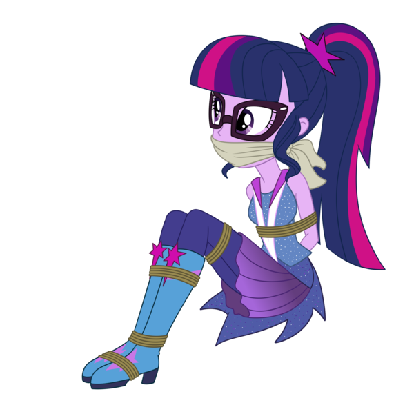 Size: 2500x2500 | Tagged: safe, artist:nie-martw-sie-o-mnie, derpibooru import, sci-twi, twilight sparkle, equestria girls, g4, bondage, boots, bound and gagged, cloth gag, clothes, crystal guardian, female, femsub, gag, glasses, image, miniskirt, my little pony equestria girls: legend of everfree, png, ponytail, rope, rope bondage, shoes, simple background, sitting, skirt, solo, submissive, transparent background, twisub