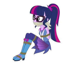 Size: 2500x2500 | Tagged: safe, artist:nie-martw-sie-o-mnie, derpibooru import, sci-twi, twilight sparkle, equestria girls, g4, bondage, boots, bound and gagged, cloth gag, clothes, crystal guardian, female, femsub, gag, glasses, image, miniskirt, my little pony equestria girls: legend of everfree, png, ponytail, rope, rope bondage, shoes, simple background, sitting, skirt, solo, submissive, transparent background, twisub