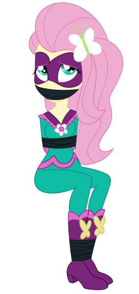 Size: 1400x2966 | Tagged: safe, artist:nie-martw-sie-o-mnie, derpibooru import, fluttershy, saddle rager, human, equestria girls, g4, bondage, bound and gagged, butterfly hairpin, domino mask, equestria girls specials, female, femsub, fluttersub, gag, image, mask, my little pony equestria girls: movie magic, png, power ponies, simple background, sitting, solo, submissive, tape, tape bondage, tape gag, transparent background