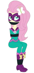 Size: 1400x2966 | Tagged: safe, artist:nie-martw-sie-o-mnie, derpibooru import, fluttershy, saddle rager, human, equestria girls, g4, bondage, bound and gagged, butterfly hairpin, domino mask, equestria girls specials, female, femsub, fluttersub, gag, image, mask, my little pony equestria girls: movie magic, png, power ponies, simple background, sitting, solo, submissive, tape, tape bondage, tape gag, transparent background