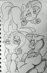 Size: 2650x4081 | Tagged: suggestive, artist:ponsce, derpibooru import, rarity, sweetie belle, pony, butt, glasses, image, jpeg, monochrome, plot, rarity's glasses, traditional art