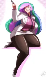 Size: 2291x3840 | Tagged: suggestive, artist:king-kakapo, artist:shonuff44, derpibooru import, princess celestia, human, breasts, busty princess celestia, clothes, collaboration, colored, derpibooru exclusive, female, glasses, high heels, humanized, image, jacket, jpeg, necktie, panties, pantyhose, shoes, skirt, skirt suit, solo, solo female, suit, thighs, thunder thighs, underwear, upskirt, white underwear