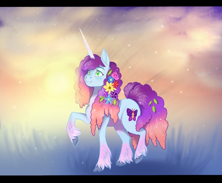 Size: 796x656 | Tagged: safe, artist:ponydevilgirl, derpibooru import, pony, unicorn, g5, crepuscular rays, female, flower, flower in hair, horn, image, jpeg, mare, misty brightdawn, rebirth misty, solo