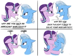 Size: 2200x1677 | Tagged: safe, artist:chopsticks, derpibooru import, starlight glimmer, trixie, pony, unicorn, g4, 4 panel comic, angry, angry kissing, cheek fluff, chest fluff, colored, comic, dialogue, duo, duo female, ear fluff, exclamation point, eyebrows, eyebrows visible through hair, eyes closed, female, floppy ears, funny, grayscale, horn, hug, image, implied twilight sparkle, insult, interrobang, kissing, lesbian, looking at each other, looking at someone, mare, monochrome, open mouth, png, pony on pony action, profile, question mark, shipping, simple background, sketch, startrix, stray strand, teary eyes, text, unshorn fetlocks, vulgar, white background, yelling