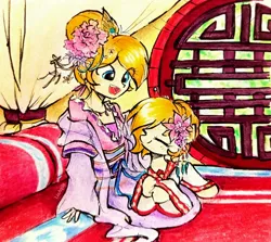 Size: 2789x2491 | Tagged: safe, artist:liaaqila, derpibooru import, oc, oc:copper moon, unofficial characters only, pony, equestria girls, g4, china, clothes, dress, duo, flower, flower in hair, image, jpeg, smiling, traditional art