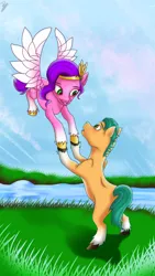 Size: 1080x1920 | Tagged: safe, artist:amandascxd, derpibooru import, hitch trailblazer, pipp petals, earth pony, pegasus, pony, g5, bipedal, duo, duo male and female, female, flying, holding hooves, image, jpeg, looking at each other, looking at someone, male, mare, ship:pitch, shipping, stallion, straight