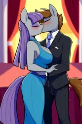 Size: 521x783 | Tagged: safe, ai content, derpibooru import, machine learning generated, novelai, stable diffusion, maud pie, mudbriar, anthro, earth pony, g4, big breasts, blushing, breasts, clothes, dress, duo, female, image, indoors, lowres, male, png, prompter:genderface, shipping, smiling, straight